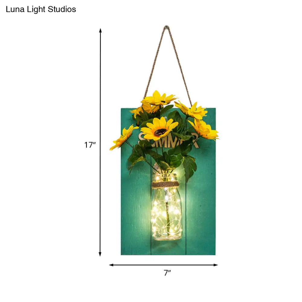 Blue Wood Backplate Modern Glass Jar Wall Light With Floral String - Ideal For Cafe Restaurant