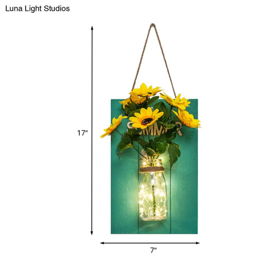 Blue Wood Backplate Modern Glass Jar Wall Light With Floral String - Ideal For Cafe Restaurant