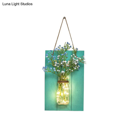 Blue Wood Backplate Modern Glass Jar Wall Light With Floral String - Ideal For Cafe Restaurant