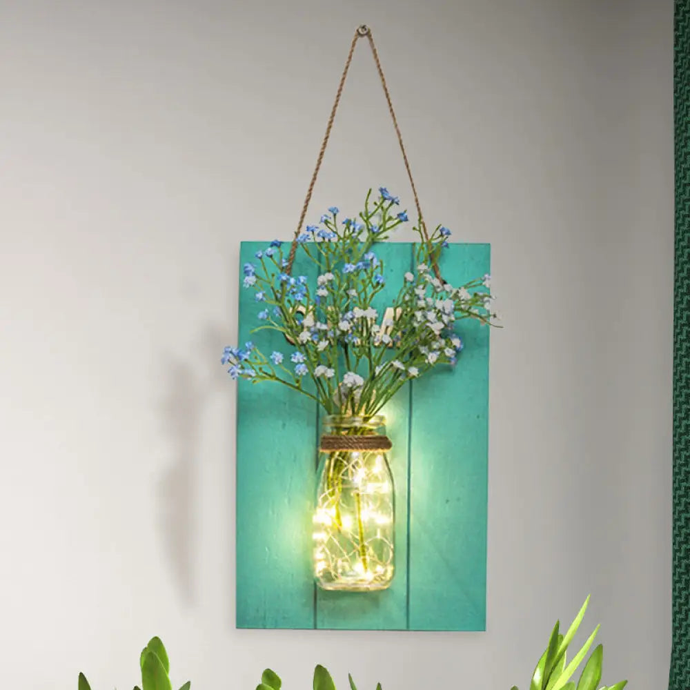 Blue Wood Backplate Modern Glass Jar Wall Light With Floral String - Ideal For Cafe Restaurant