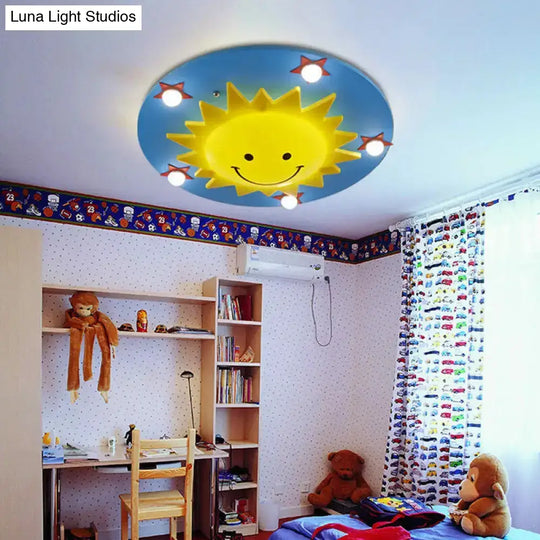 Blue Wood Flushmount Ceiling Light With 6 Bulbs For Kids’ Bedroom