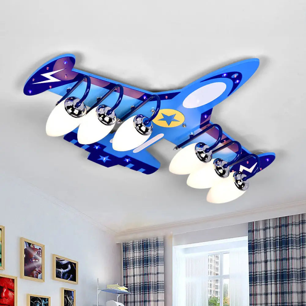 Blue Wood Jet Ceiling Light Fixture With 6 Cartoon Bulbs - Perfect For Child’s Room