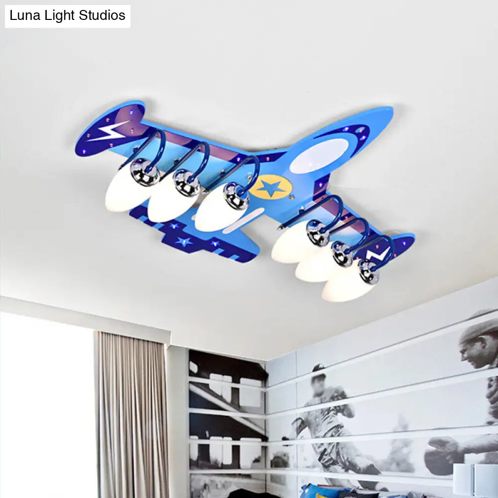 Blue Wood Jet Ceiling Light Fixture With 6 Cartoon Bulbs - Perfect For Childs Room