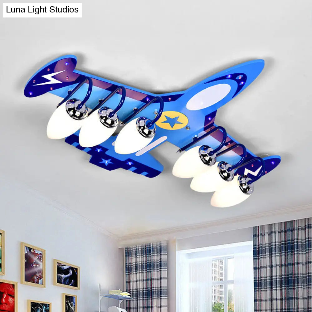 Blue Wood Jet Ceiling Light Fixture With 6 Cartoon Bulbs - Perfect For Childs Room