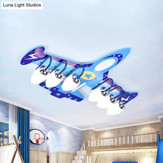 Blue Wood Jet Ceiling Light Fixture With 6 Cartoon Bulbs - Perfect For Childs Room