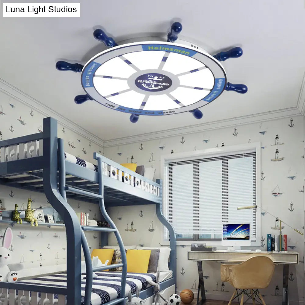 Blue Wood Kids Style Led Flush Mount Ceiling Light For Bedrooms With Rudder Design