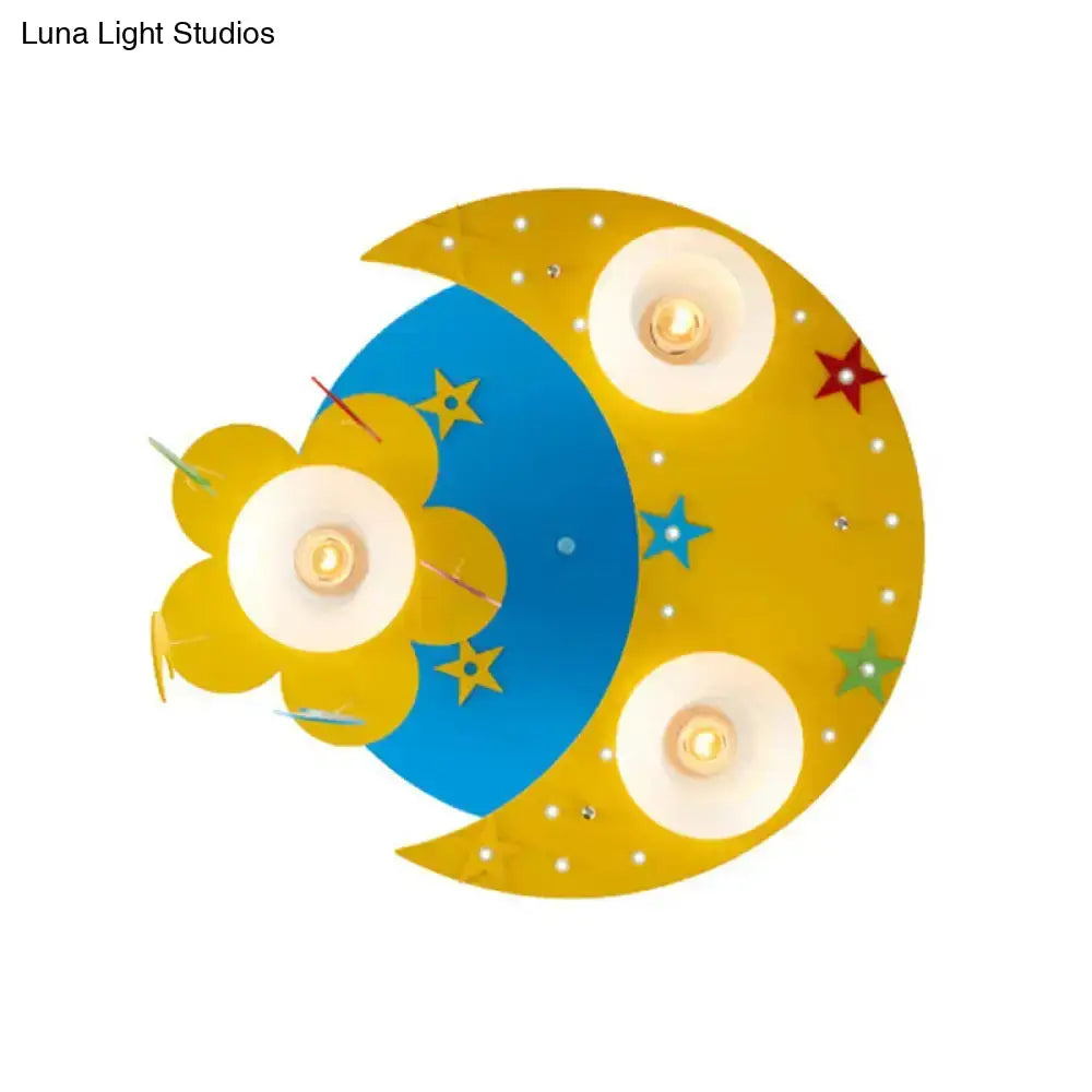 Blue Wood Moon Flush Mount Lamp: Kid-Friendly 3-Bulb Ceiling Light With Blown Glass Shade