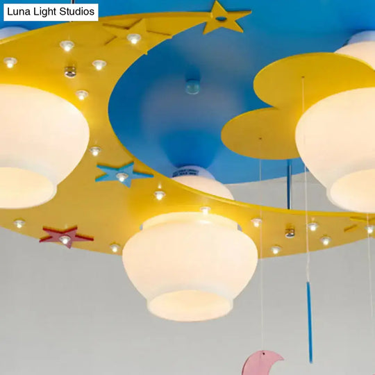 Blue Wood Moon Flush Mount Lamp: Kid-Friendly 3-Bulb Ceiling Light With Blown Glass Shade