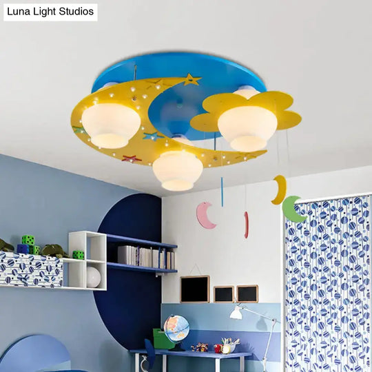 Blue Wood Moon Flush Mount Lamp: Kid-Friendly 3-Bulb Ceiling Light With Blown Glass Shade