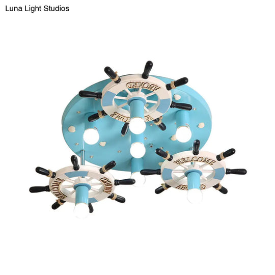 Blue Wood Rudder Semi Flush Mount Lighting - Mediterranean Style 7 Bulb Lamp Fixture