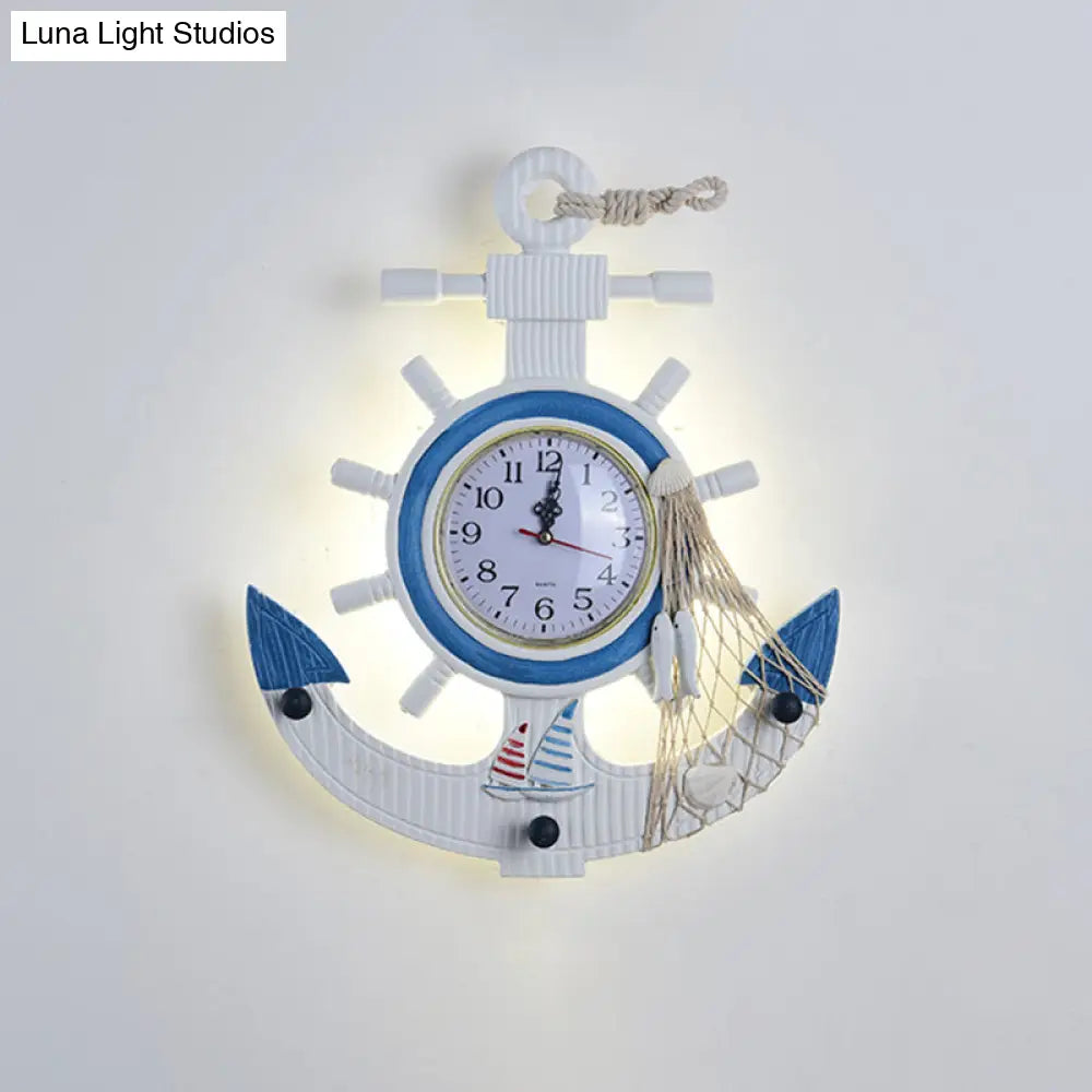 Blue Wooden Anchor Led Wall Lamp - Modern Kids Bedroom Clock Light Fixture Mounted