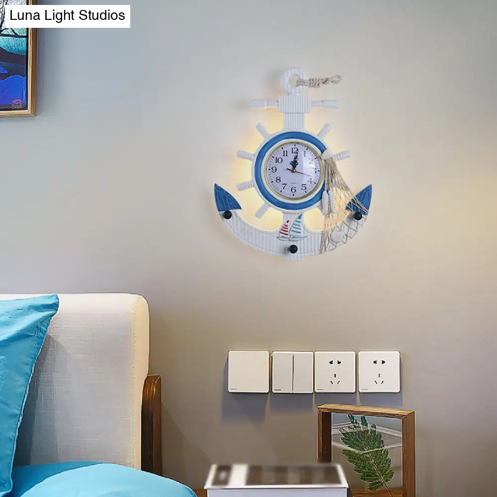 Blue Wooden Anchor Led Wall Lamp - Modern Kids Bedroom Clock Light Fixture Mounted