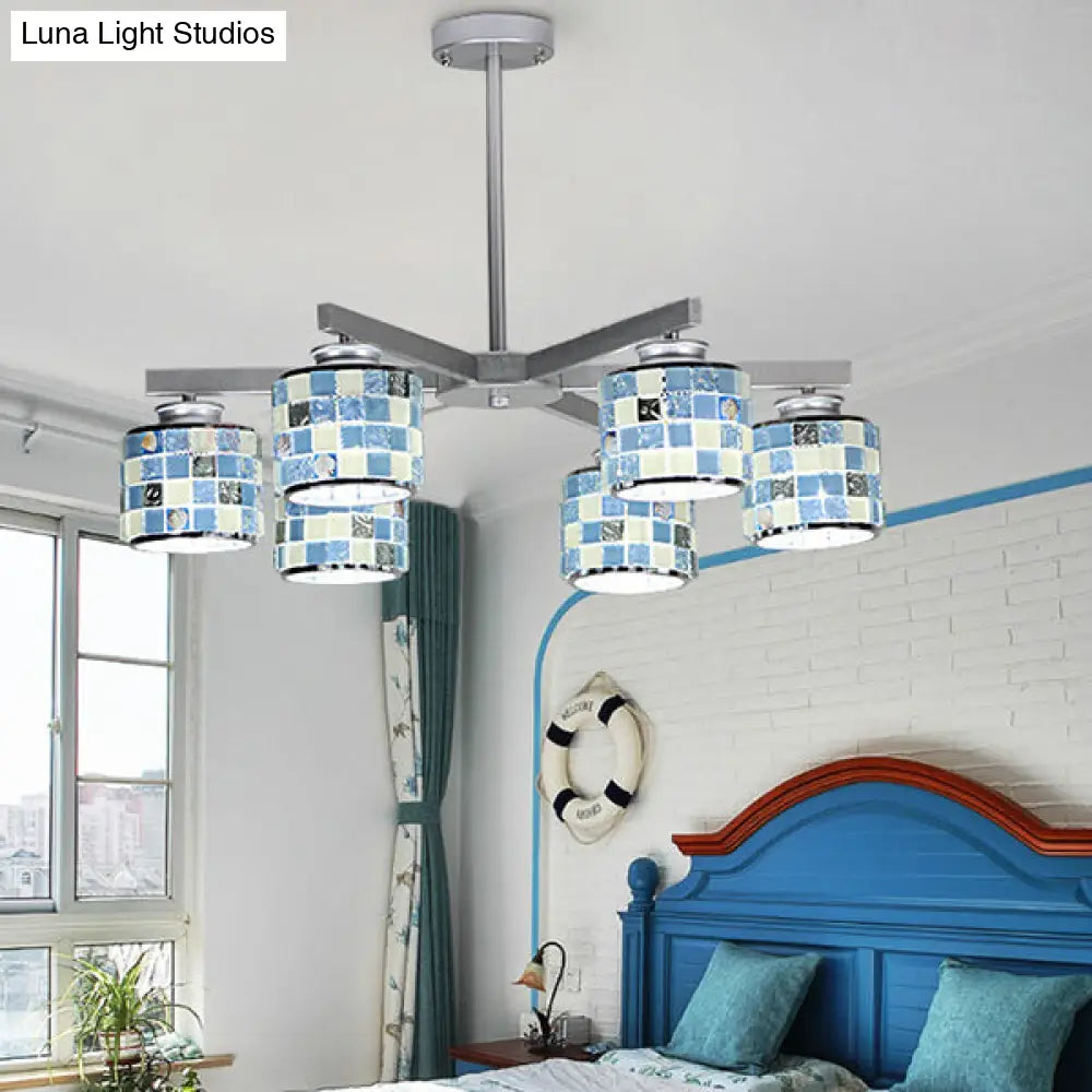 Blue/Yellow Mosaic Glass Ceiling Light With 6 Chrome Finish Hanging Bulbs Blue