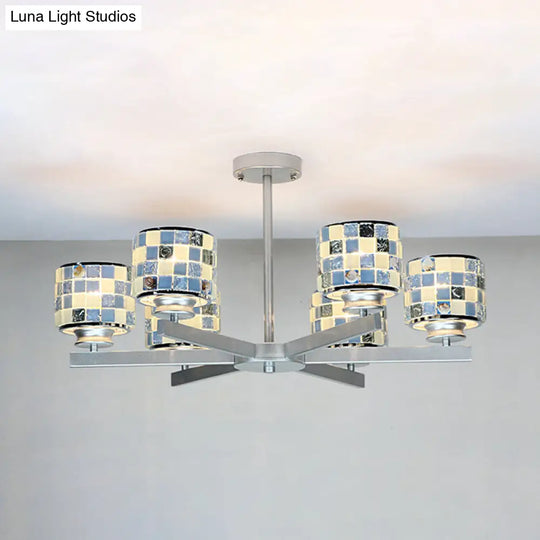 Blue/Yellow Mosaic Glass Ceiling Light With 6 Chrome Finish Hanging Bulbs