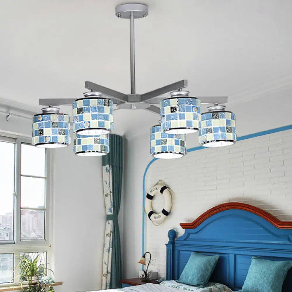 Blue/Yellow Glass Mosaic Ceiling Light With Chrome Finish - Modern 6-Light Hanging Chandelier Blue