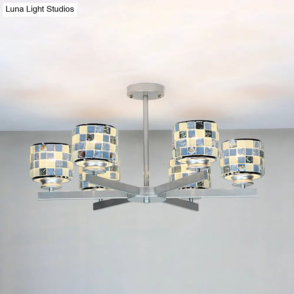 Blue/Yellow Glass Mosaic Ceiling Light With Chrome Finish - Modern 6-Light Hanging Chandelier