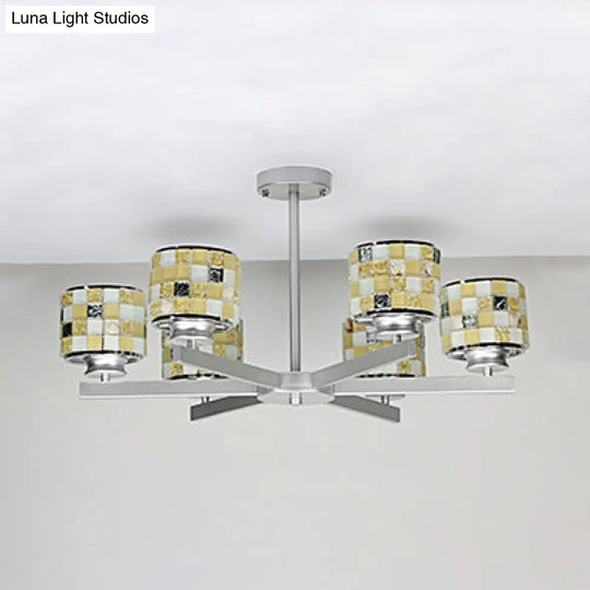 Blue/Yellow Glass Mosaic Ceiling Light With Chrome Finish - Modern 6-Light Hanging Chandelier