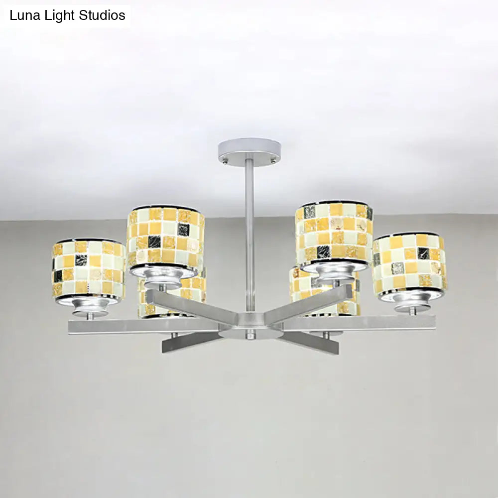 Blue/Yellow Mosaic Glass Ceiling Light With 6 Chrome Finish Hanging Bulbs Yellow