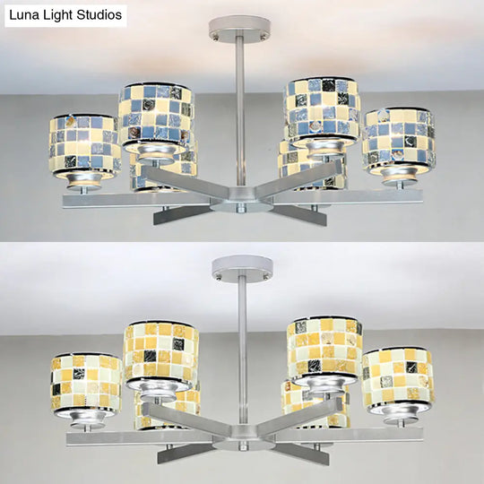 Blue/Yellow Glass Mosaic Ceiling Light With Chrome Finish - Modern 6-Light Hanging Chandelier