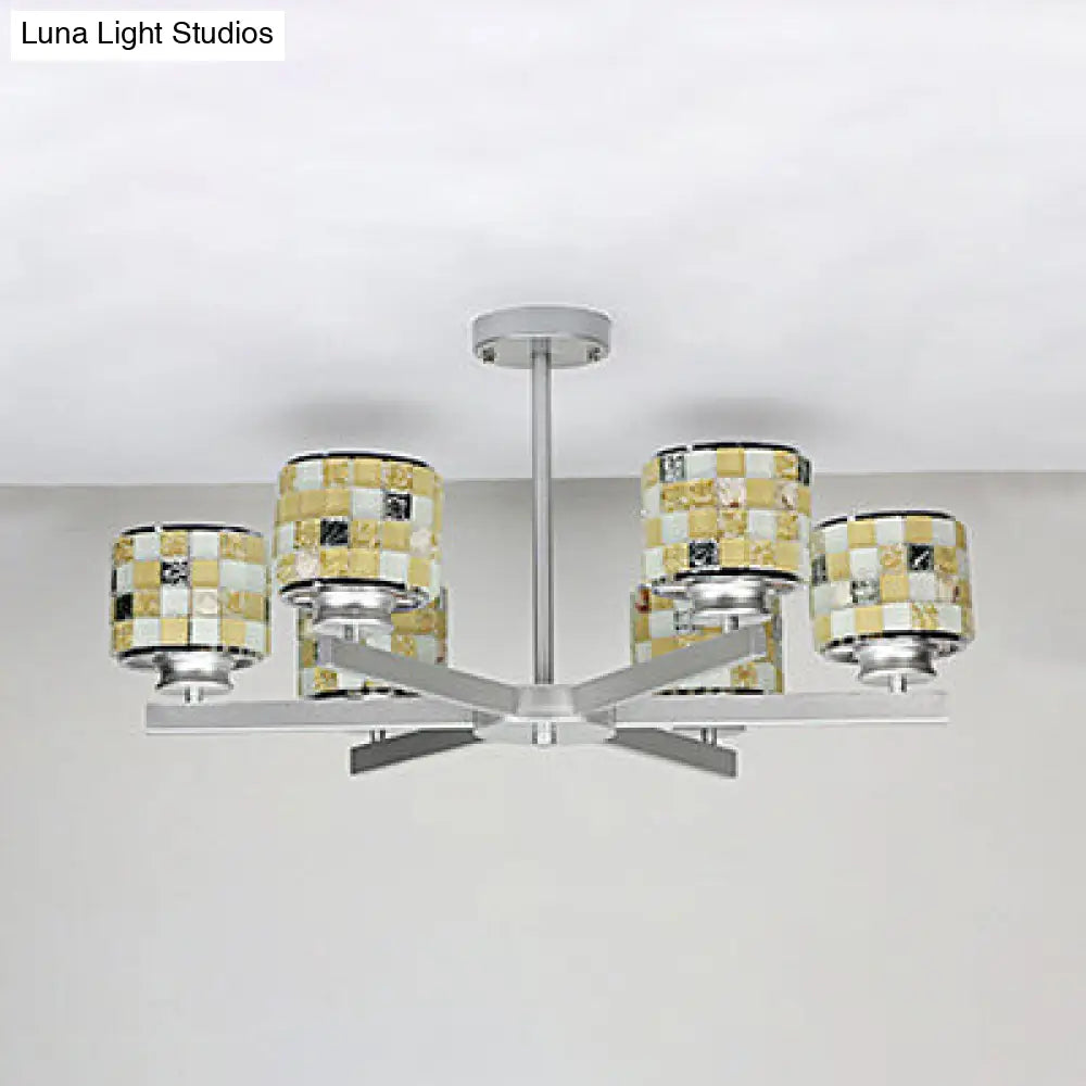 Blue/Yellow Mosaic Glass Ceiling Light With 6 Chrome Finish Hanging Bulbs