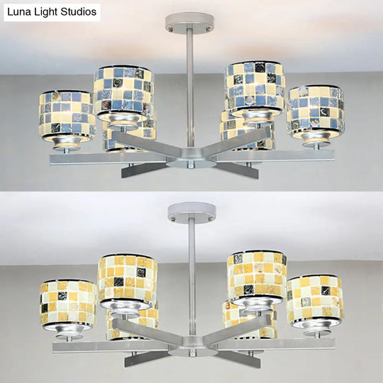 Blue/Yellow Mosaic Glass Ceiling Light With 6 Chrome Finish Hanging Bulbs