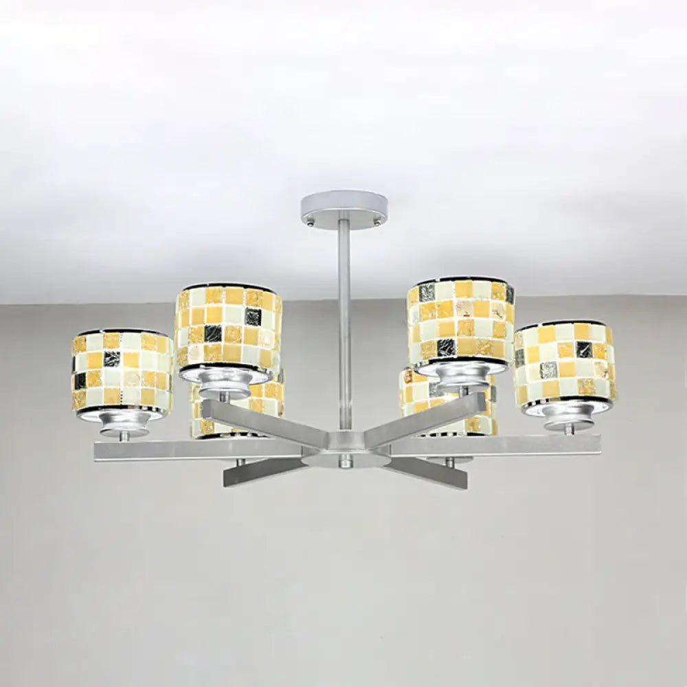 Blue/Yellow Glass Mosaic Ceiling Light With Chrome Finish - Modern 6-Light Hanging Chandelier Yellow