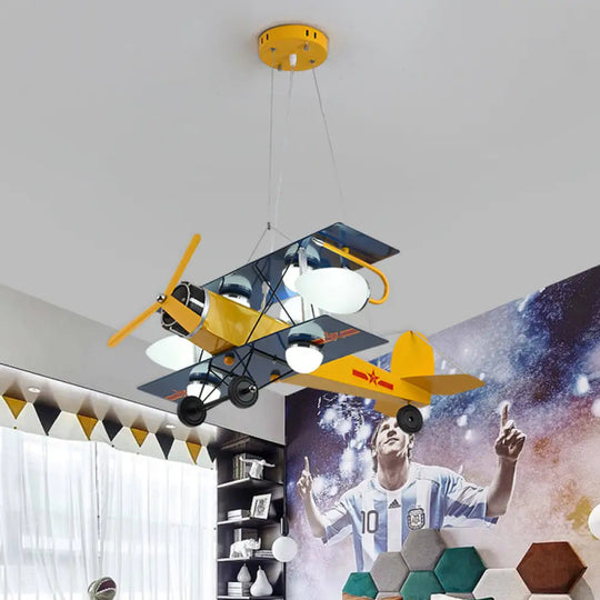 Blue/Yellow Prop Plane Chandelier: Cartoon-Style 7-Light Ceiling Fixture For Bedroom Yellow