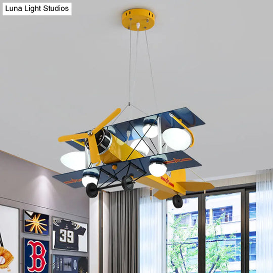 Blue/Yellow Prop Plane Chandelier: Cartoon-Style 7-Light Ceiling Fixture For Bedroom