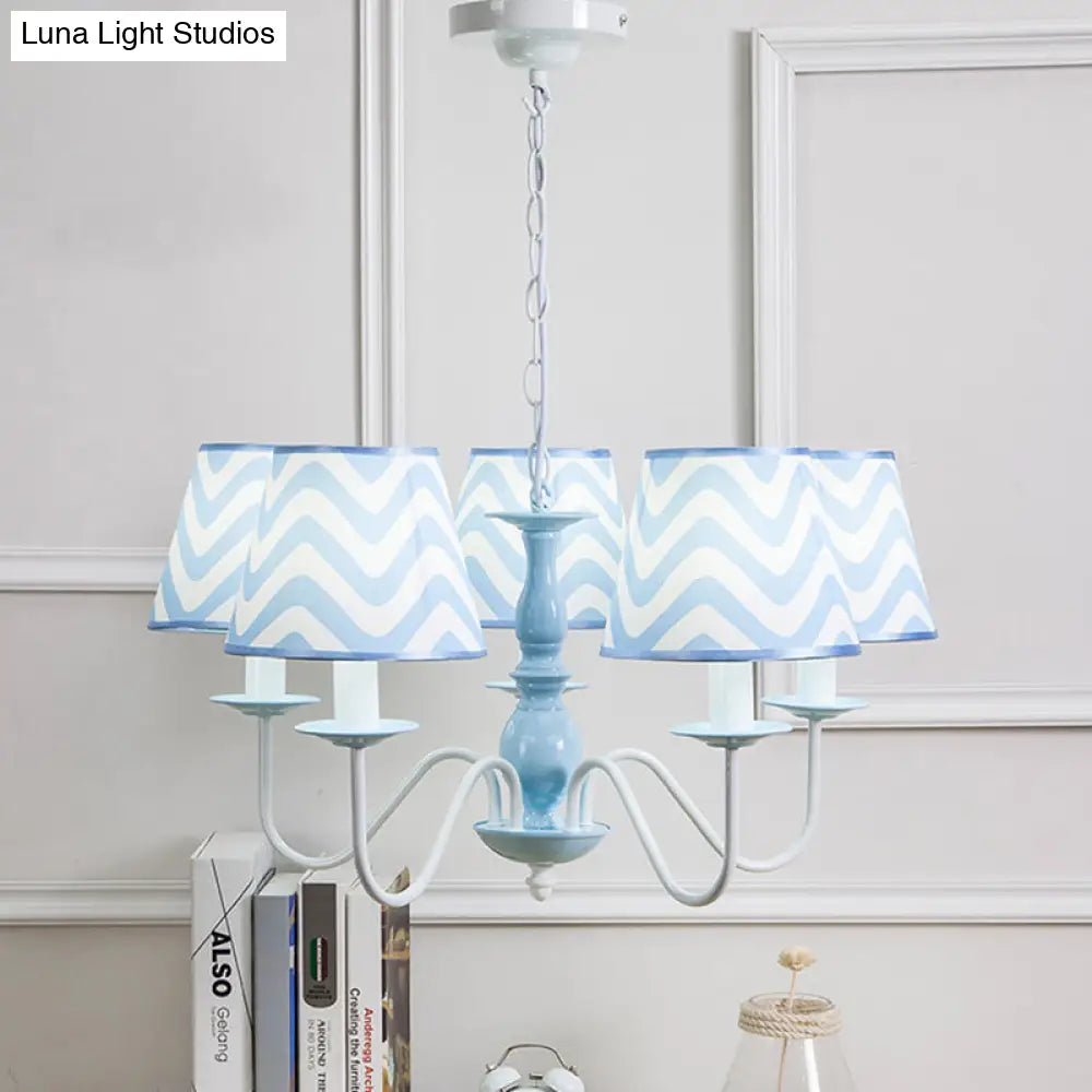 Blue Zig Zag Pendant Light With Fabric Shade - Modern Chandelier For Child Bedroom