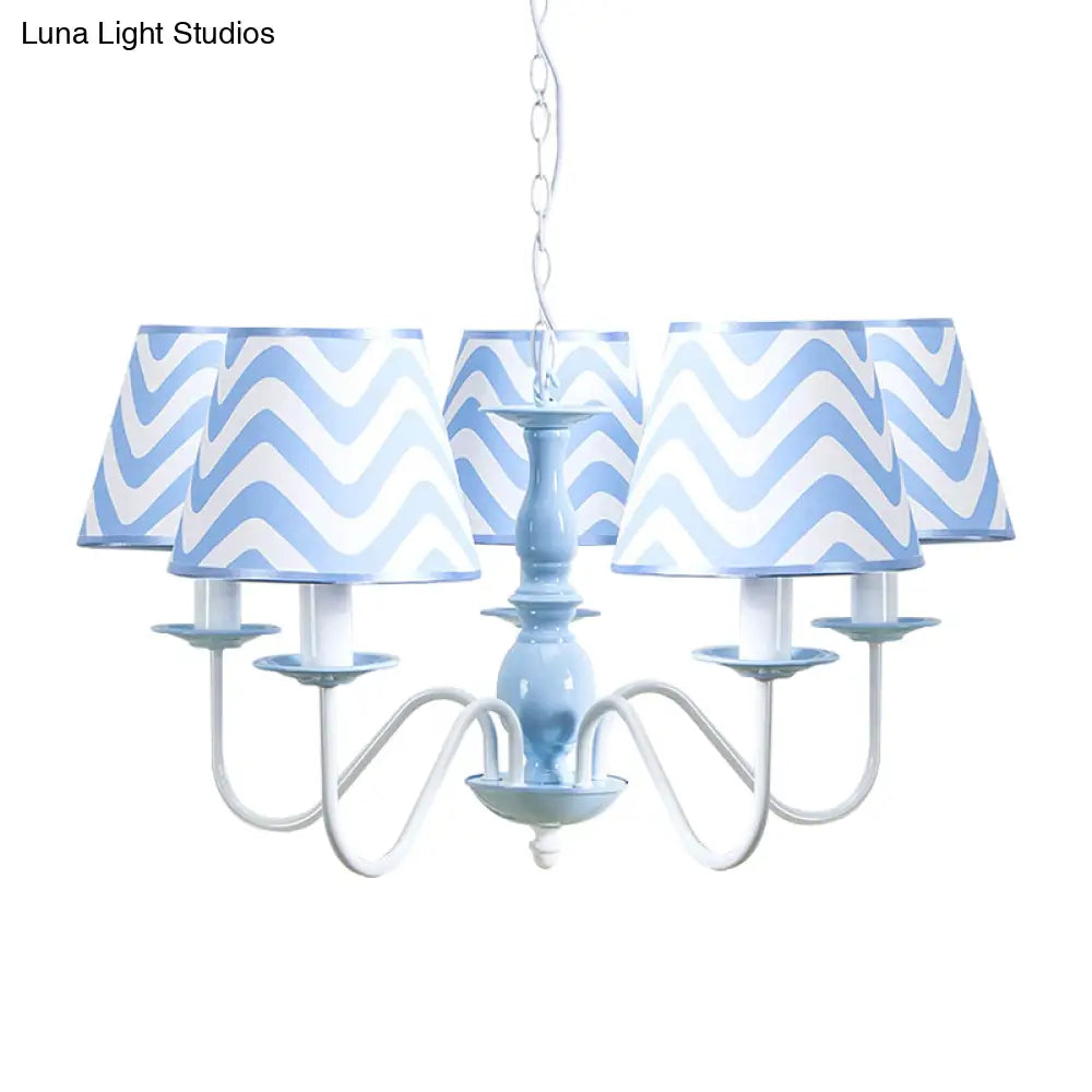 Blue Zig Zag Pendant Light With Fabric Shade - Modern Chandelier For Child Bedroom