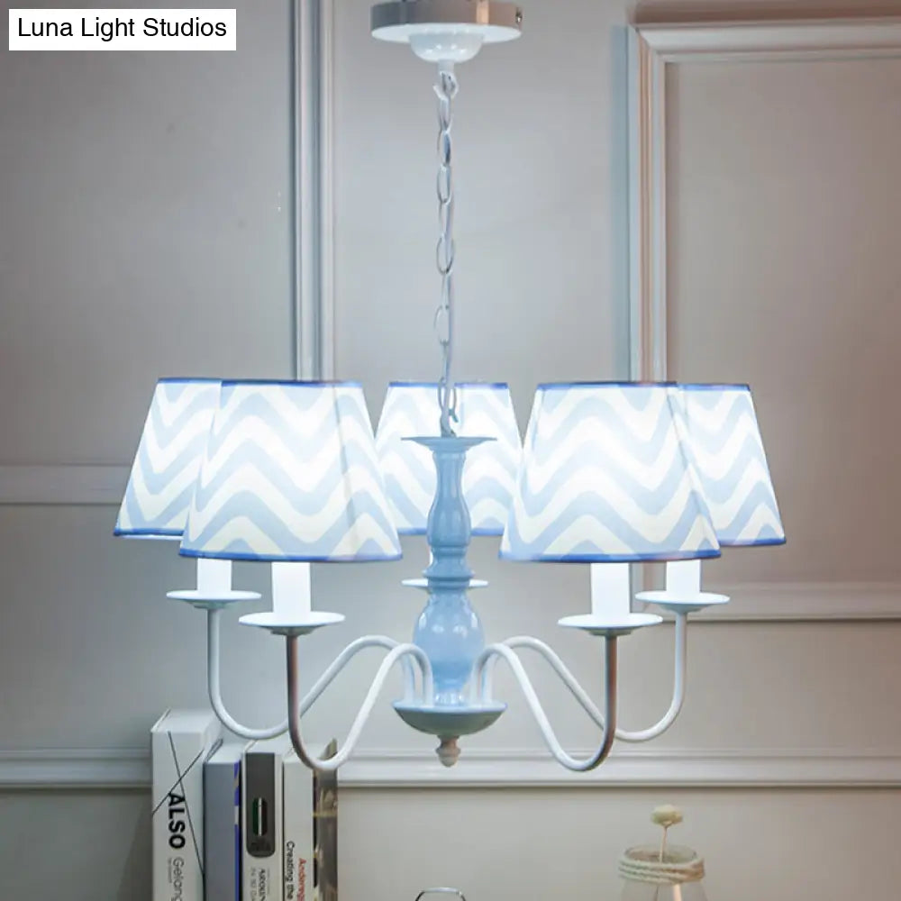 Blue Zig Zag Pendant Light With Fabric Shade - Modern Chandelier For Child Bedroom