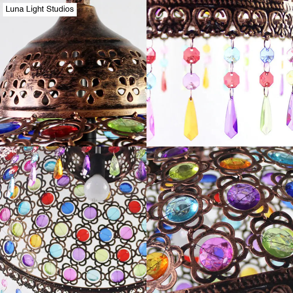 Boho Dome Pendant Light - Metal 1-Bulb Aged Brass/Rust Hanging Lamp With Crystal Bead For