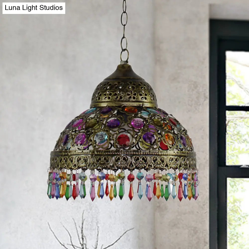 Boho Dome Pendant Light - Metal 1-Bulb Aged Brass/Rust Hanging Lamp With Crystal Bead For