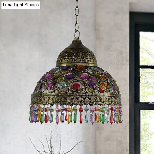 Boho Dome Pendant Light - Metal 1-Bulb Aged Brass/Rust Hanging Lamp With Crystal Bead For