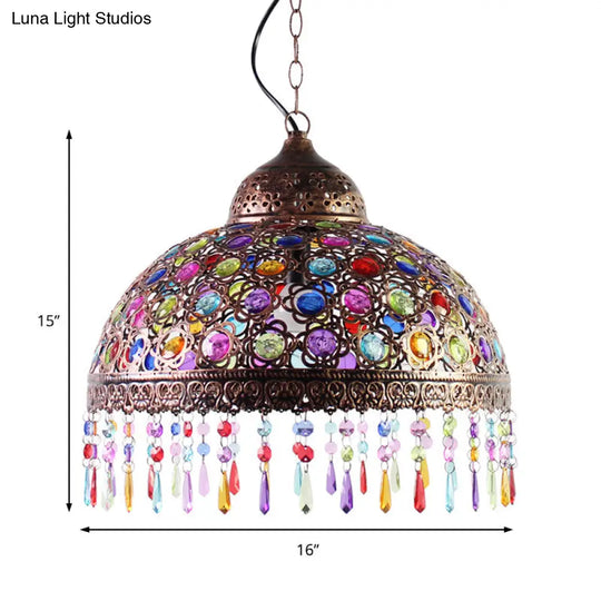 Boho Dome Pendant Light - Metal 1-Bulb Aged Brass/Rust Hanging Lamp With Crystal Bead For