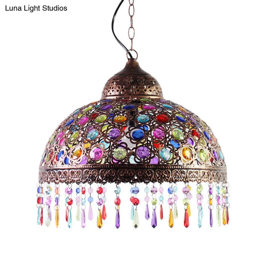 Bohemia Dome Pendant Light - Rustic Aged Brass With Crystal Bead Accent Ideal For Restaurants