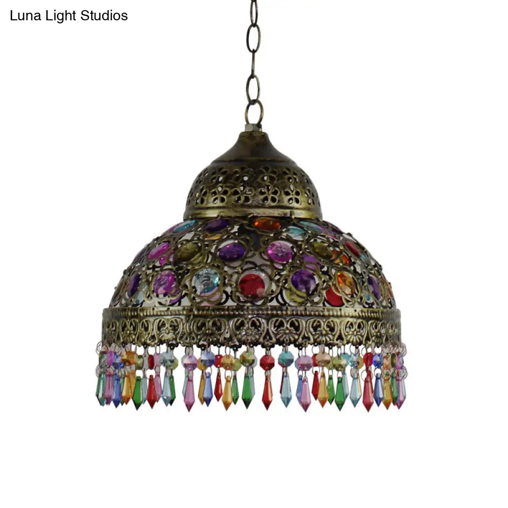 Bohemia Dome Pendant Light - Rustic Aged Brass With Crystal Bead Accent Ideal For Restaurants