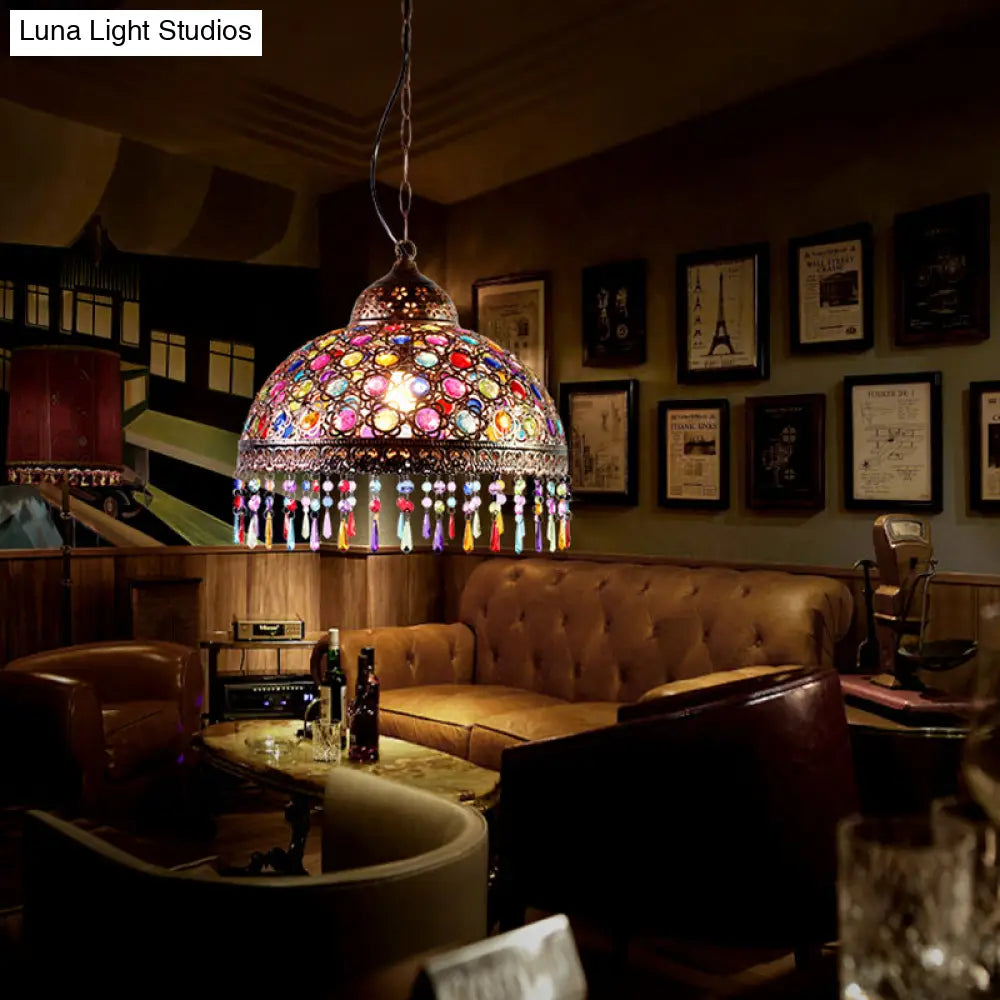 Bohemia Dome Pendant Light - Rustic Aged Brass With Crystal Bead Accent Ideal For Restaurants