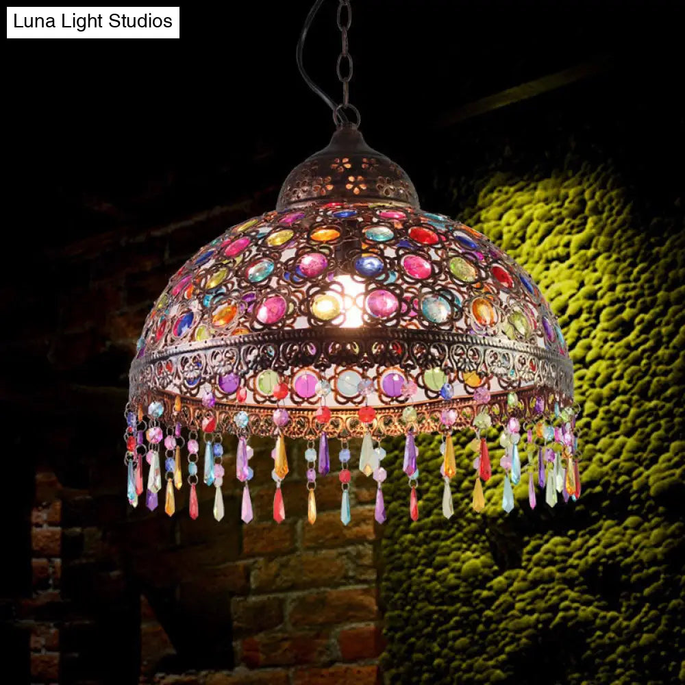 Boho Dome Pendant Light - Metal 1-Bulb Aged Brass/Rust Hanging Lamp With Crystal Bead For