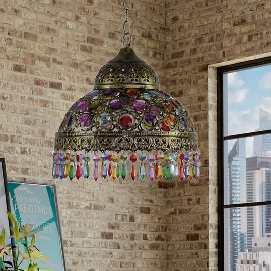 Bohemia Dome Pendant Light - Rustic Aged Brass With Crystal Bead Accent Ideal For Restaurants