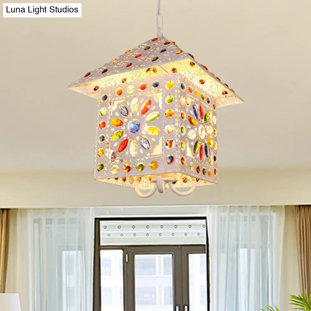 Bohemia House Metal Chandelier Light With Crystal Gem Accents - 3 Lights Pendant Lamp In White