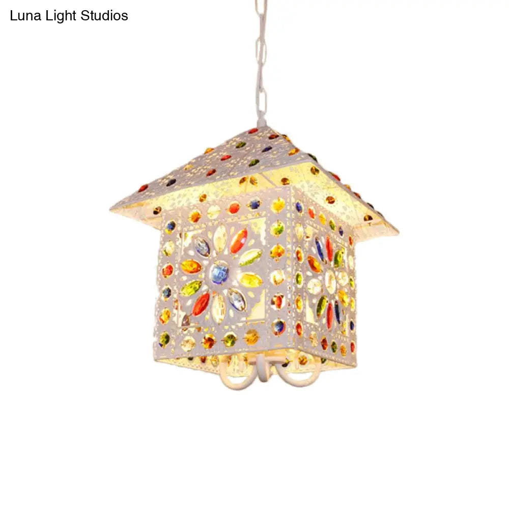 Bohemia House Metal Chandelier Light With Crystal Gem Accents - 3 Lights Pendant Lamp In White