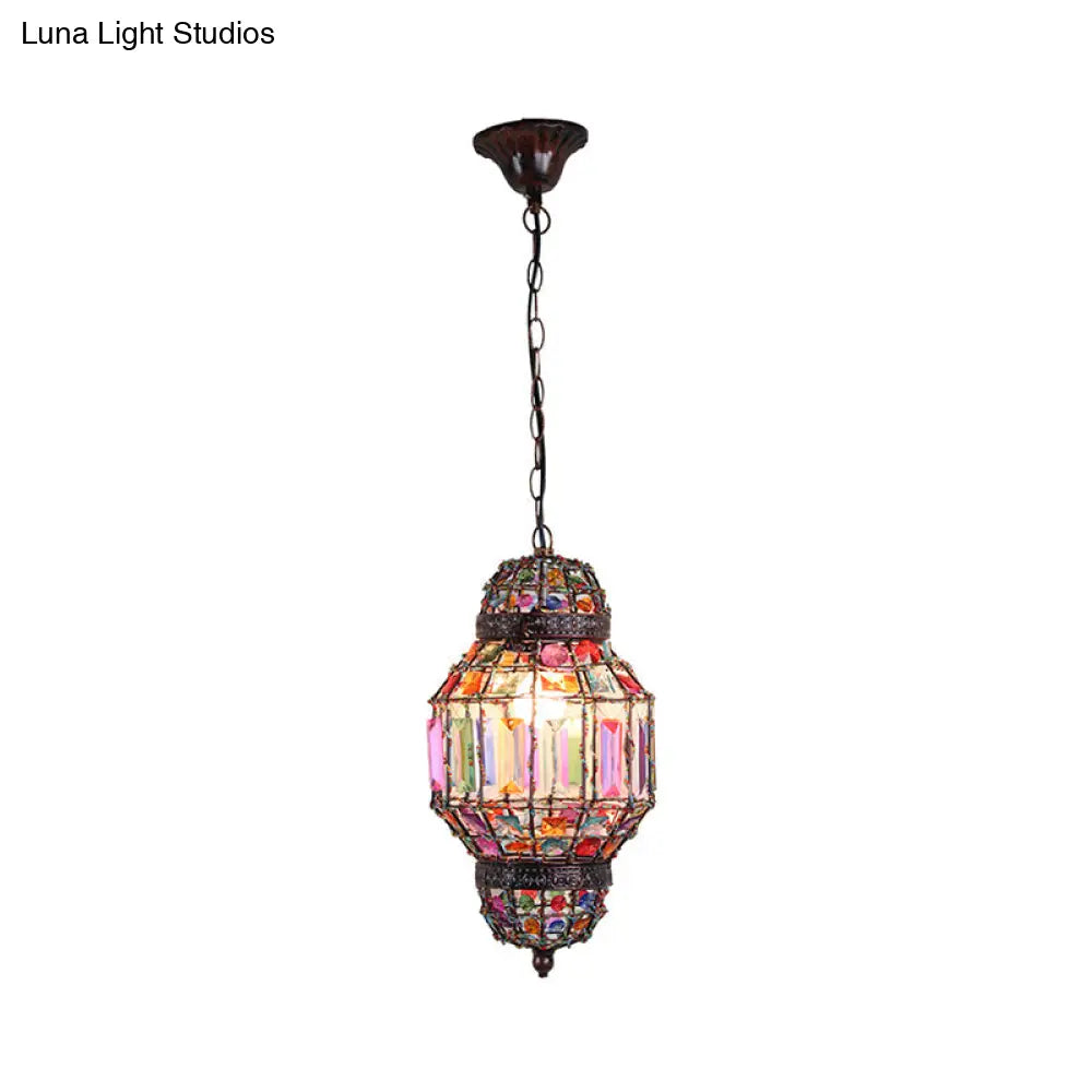 Bohemia Lantern Pendant Light With Crystal Block And Bead Chandelier In Antique Copper
