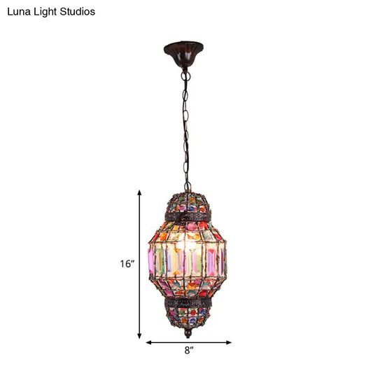 Bohemia Lantern Pendant Light With Crystal Block And Bead Chandelier In Antique Copper