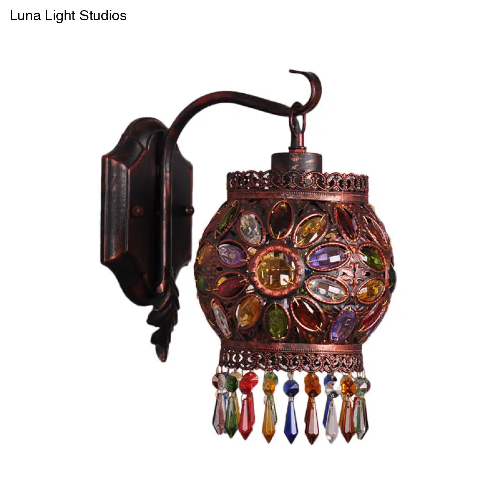 Bohemia Lantern Wall Sconce Metal 1-Light Lamp With Crystal Flower Design Antique Copper