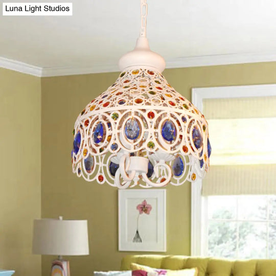 Bohemia Metal Pendant Lighting With Crystal Gem Deco - White Dome Hanging Ceiling Light For Foyer 3