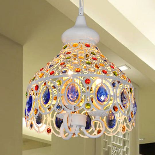 Bohemia Metal Pendant Lighting With Crystal Gem Deco - White Dome Hanging Ceiling Light For Foyer 3