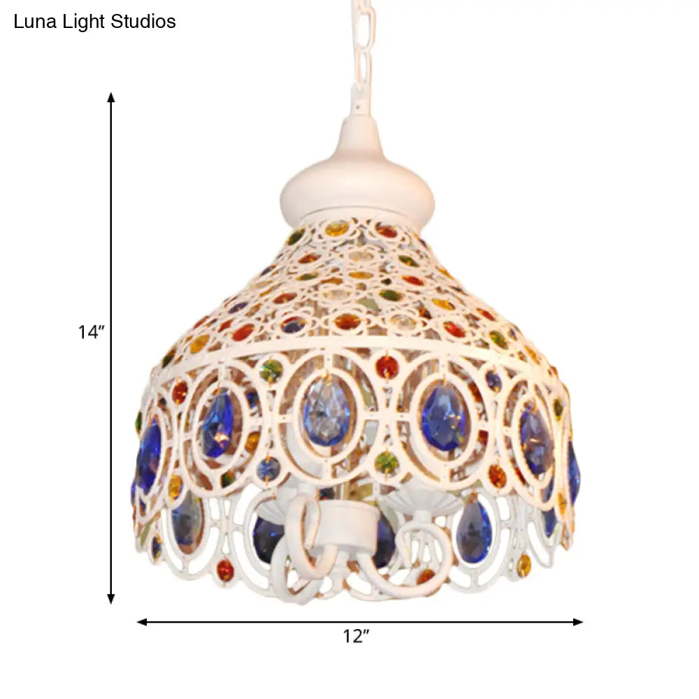 Bohemia Metal Pendant Lighting With Crystal Gem Deco - White Dome Hanging Ceiling Light For Foyer 3