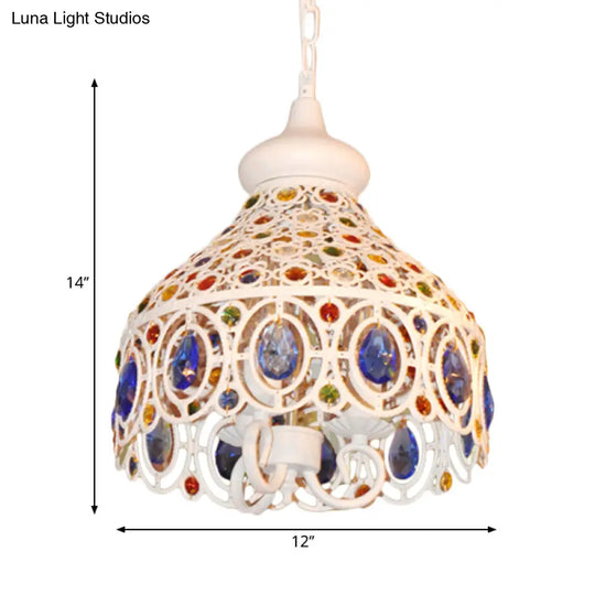 Bohemia Metal Pendant Lighting With Crystal Gem Deco - White Dome Hanging Ceiling Light For Foyer 3