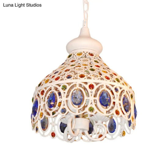 Bohemia Metal Pendant Lighting With Crystal Gem Deco - White Dome Hanging Ceiling Light For Foyer 3